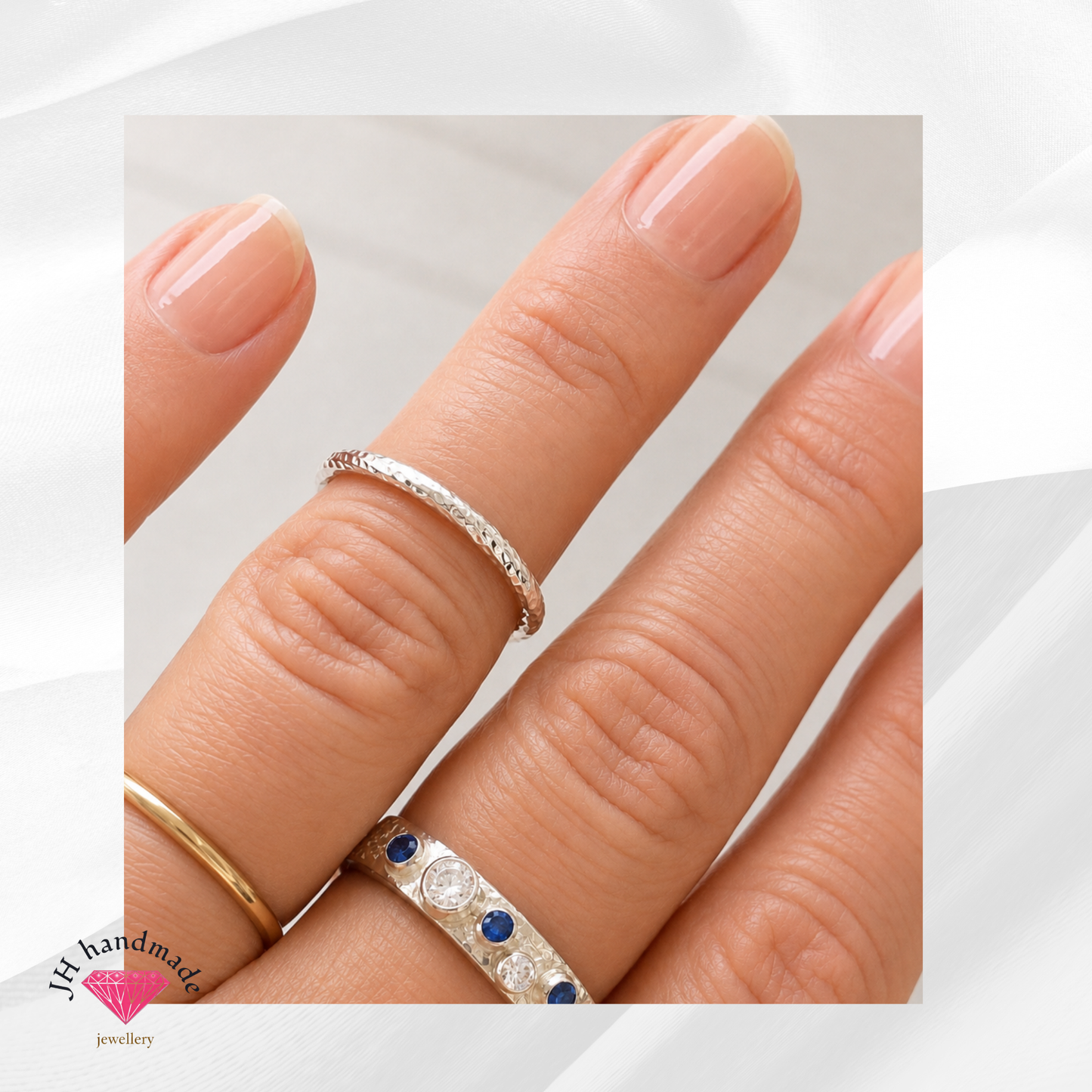 Solid Silver Twisted Diamond Cut Patterned Stacking Ring 1.5mm Handmmade