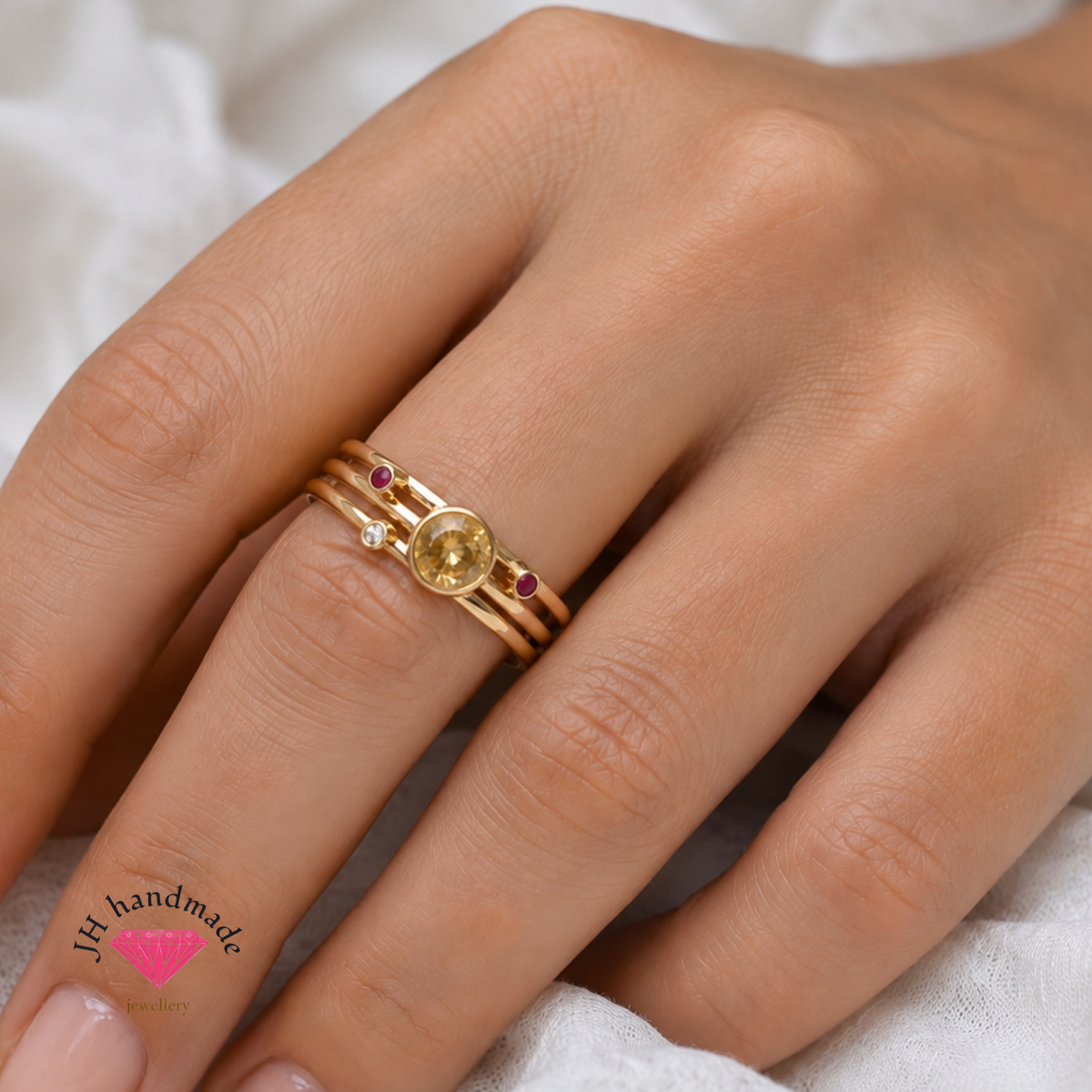 9ct Solid Gold Stacking Ring Set Citrine Ruby Diamond Handmade