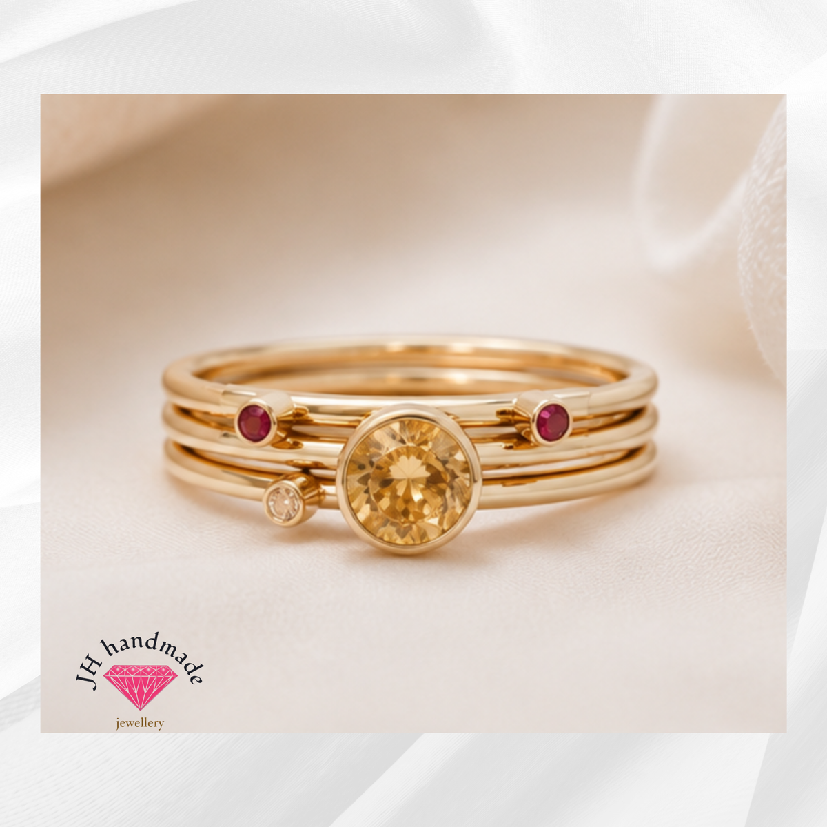 9ct Solid Gold Stacking Ring Set Citrine Ruby Diamond Handmade