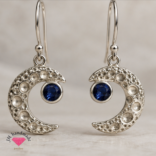 Solid Silver Sapphire and Moon Drop Earrings Handmade