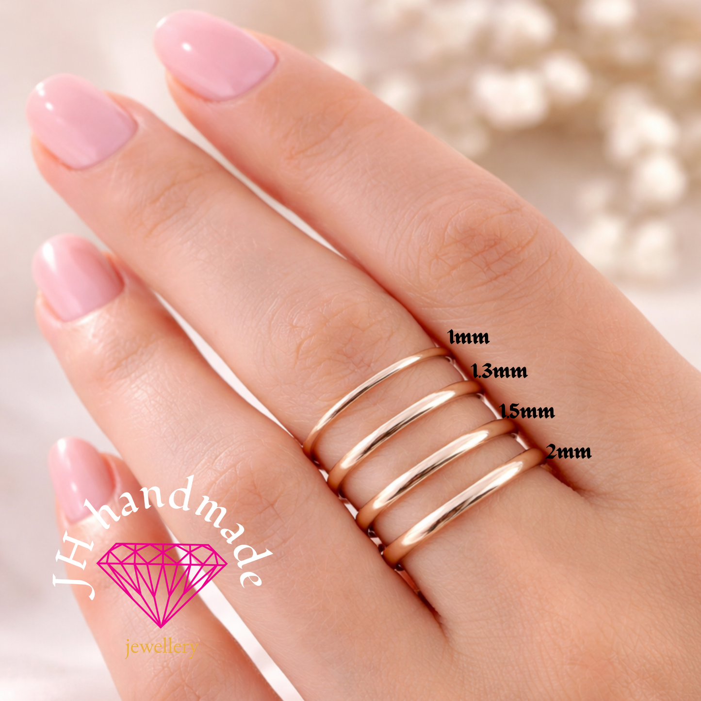 9ct Solid Gold Light Hammered Patterned Stacking Ring 1mm Handmade