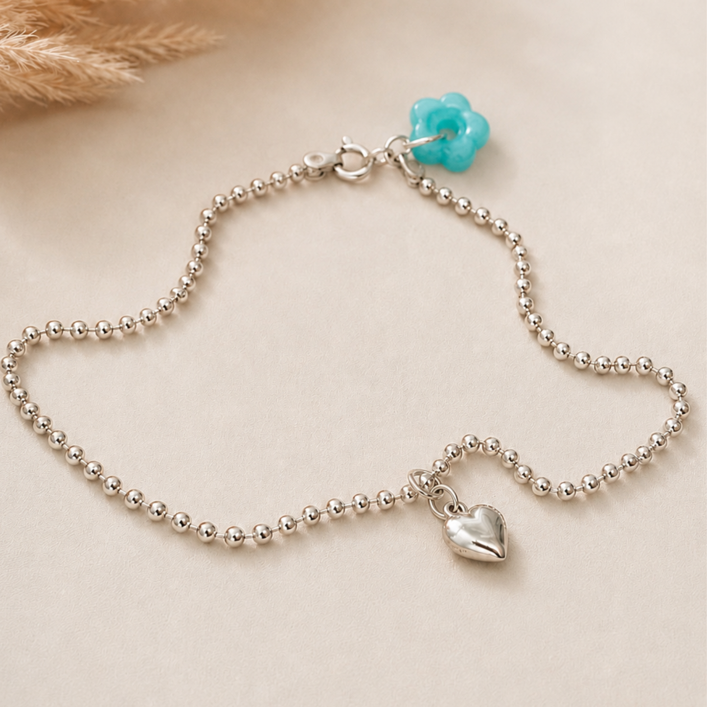 Solid Silver Ankle Bracelet with puffy Heart Charm All lengths available custom made (Copy)