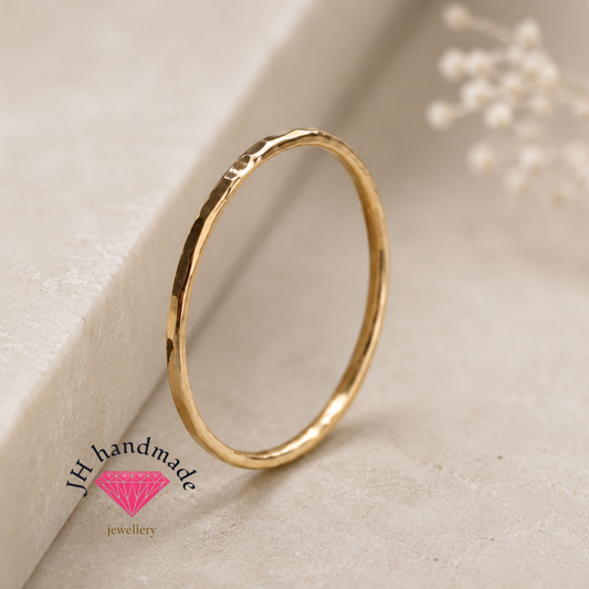 9ct Solid Gold Light Hammered Patterned Stacking Ring 1mm Handmade