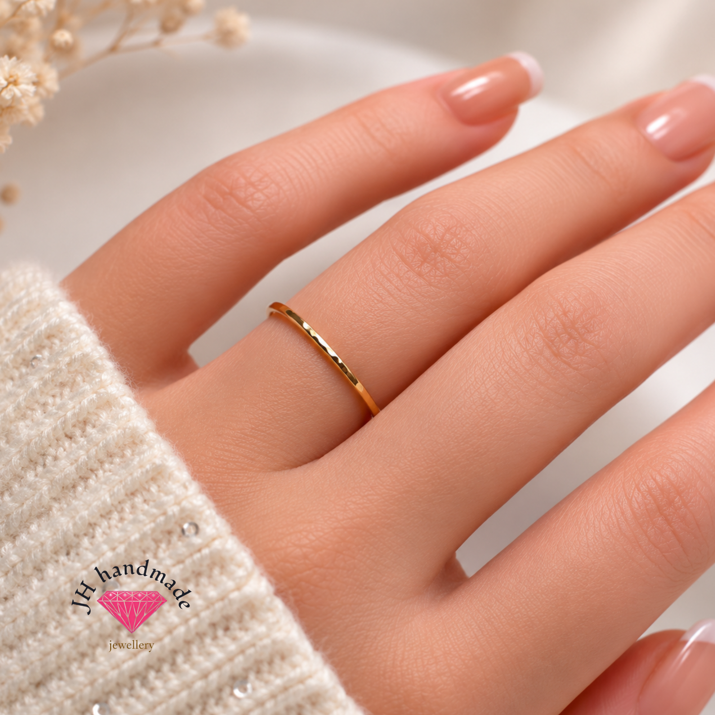9ct Solid Gold Light Hammered Patterned Stacking Ring 1mm Handmade
