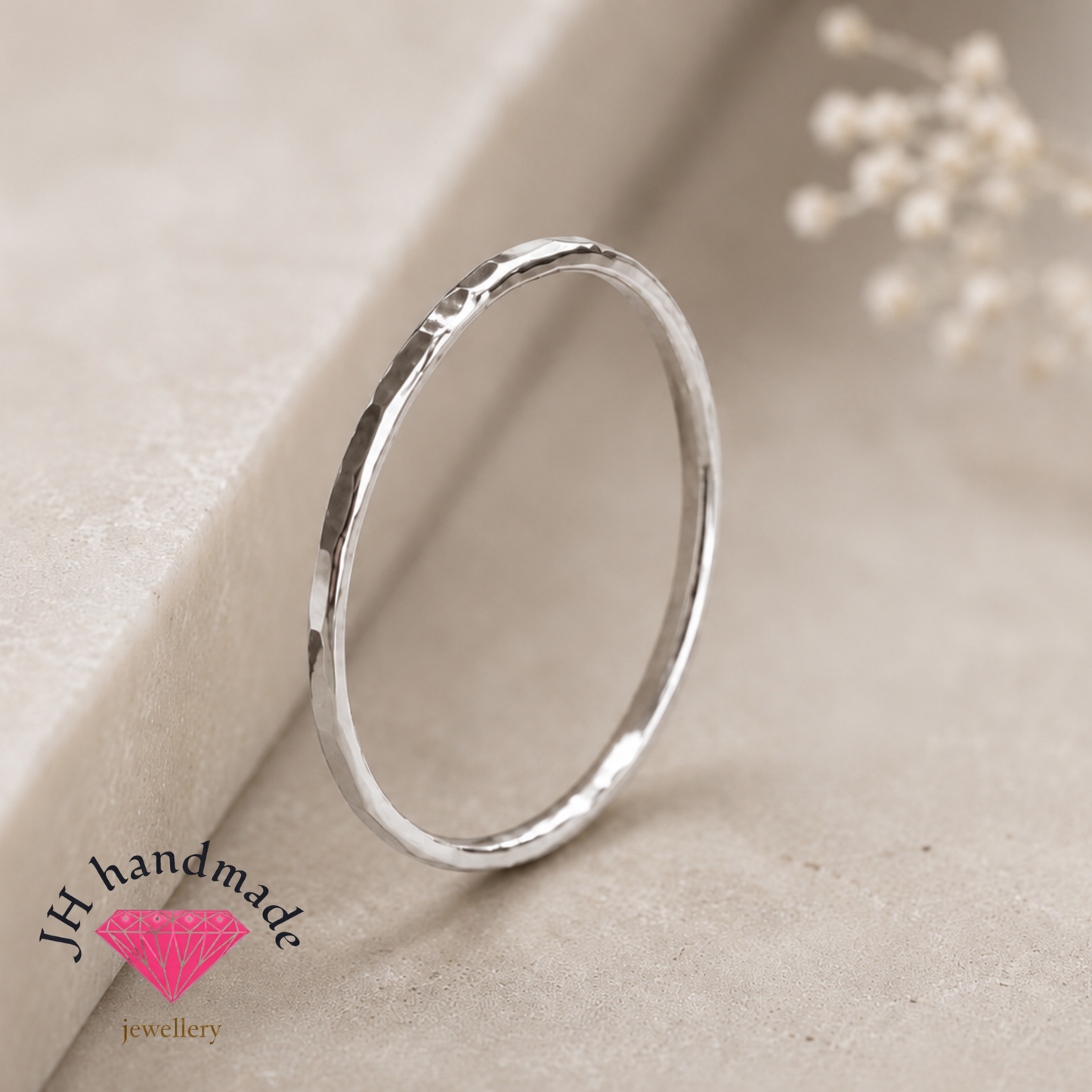 9ct Solid Gold Light Hammered Patterned Stacking Ring 1mm Handmade
