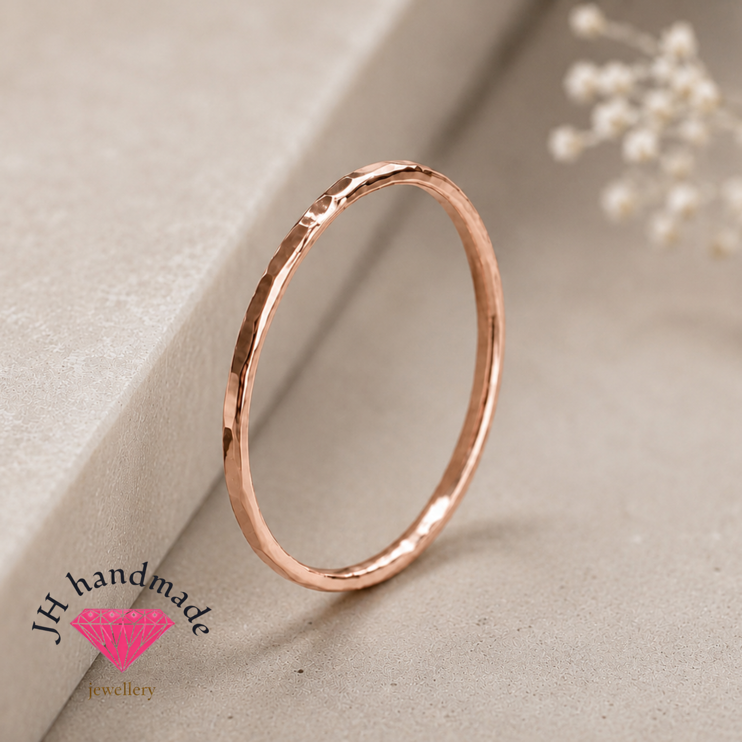 9ct Solid Gold Light Hammered Patterned Stacking Ring 1mm Handmade
